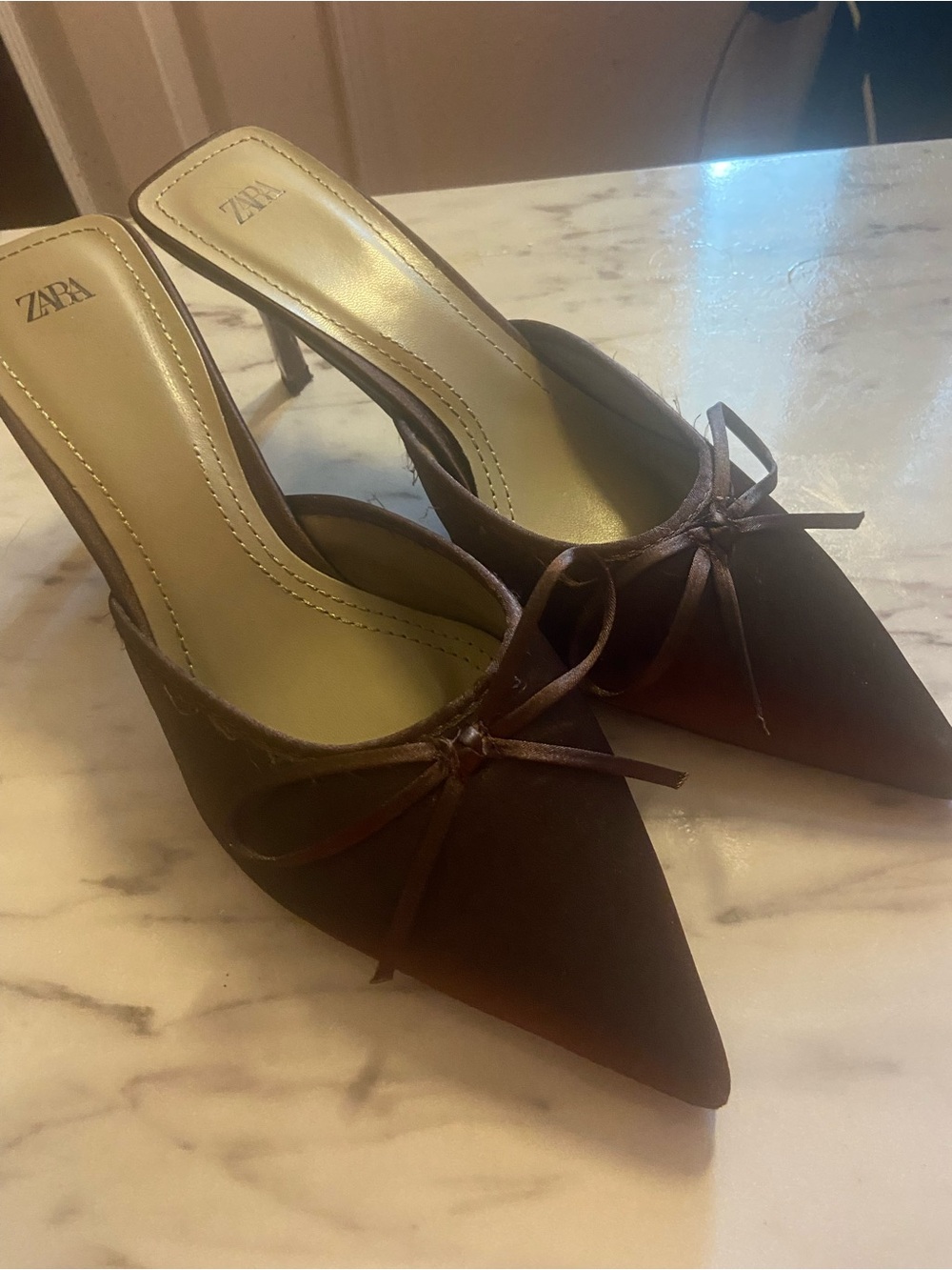ZARA Dark Brown Pointed Toe Bow Mule Heels